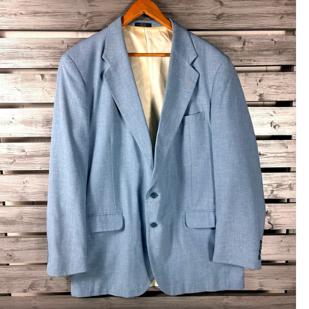 Vintage David Taylor Mens Light Blue Linen Blend 2 Button Blazer Sport Coat 44L